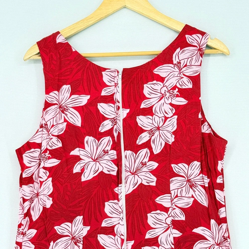 Ho Aloha Floral Sheath Dress Women XL Red Pink Hawaiian Rayon Tropical Retro